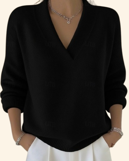 Women's Oversized V-Neck Jumper with Ribbed Cuffs and Hem