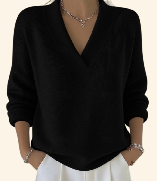 Women's Oversized V-Neck Jumper with Ribbed Cuffs and Hem