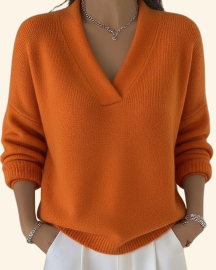 Women's Oversized V-Neck Jumper with Ribbed Cuffs and Hem