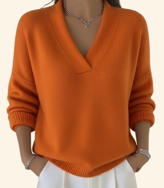 Women's Oversized V-Neck Jumper with Ribbed Cuffs and Hem