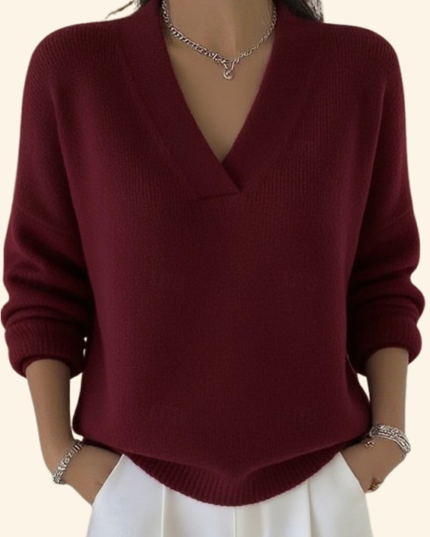 Women's Oversized V-Neck Jumper with Ribbed Cuffs and Hem