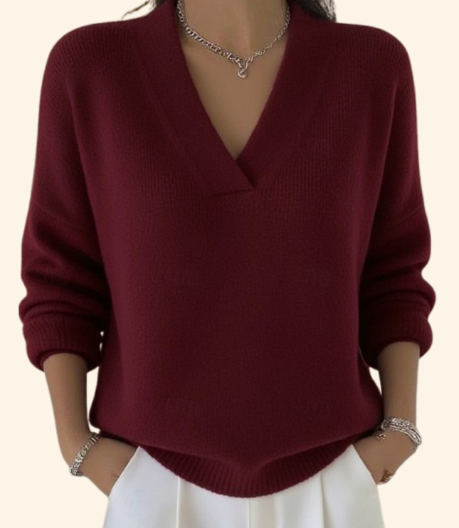 Women's Oversized V-Neck Jumper with Ribbed Cuffs and Hem
