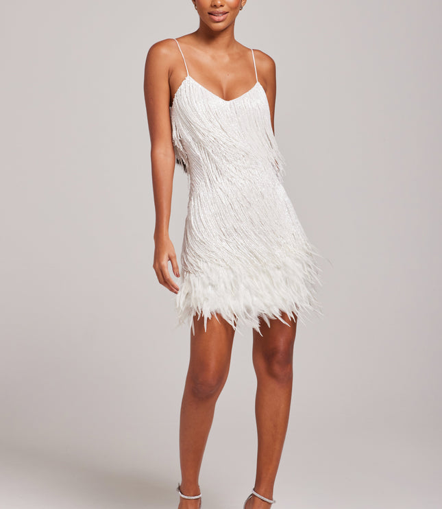 White fringe party dress with beaded bodice and feather hem detail
