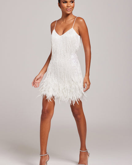 White beaded fringe mini dress front view with spaghetti straps
