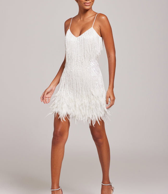 White beaded fringe mini dress front view with spaghetti straps