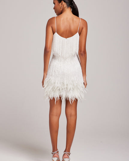 Back view of white beaded fringe mini dress with feathered hem