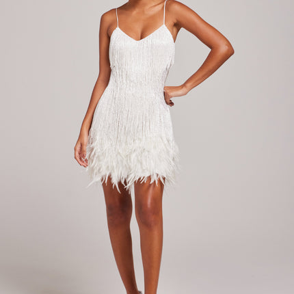 White beaded fringe mini dress with V-neck and spaghetti straps