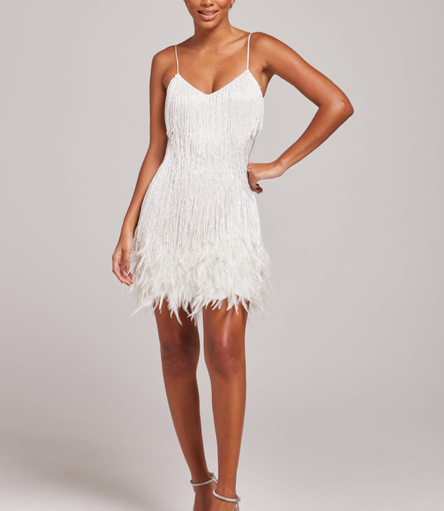 White beaded fringe mini dress with V-neck and spaghetti straps
