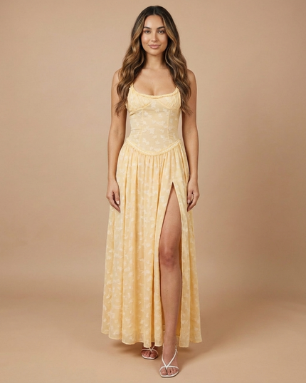 Front view of pale yellow summer floral maxi dress with sheer bodice and flowing skirt