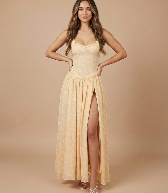 Pale yellow floral maxi dress with sheer corset top, straps, and high front slit