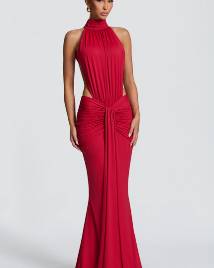 Full-length front view of red ruched maxi dress with halter top and cutouts