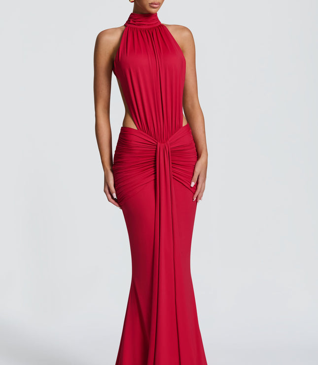 Full-length front view of red ruched maxi dress with halter top and cutouts