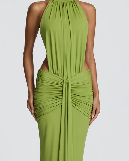 Close front view of green halter cutout maxi dress with gathered bodice and ruched skirt