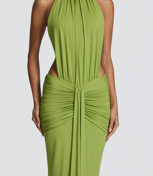 Close front view of green halter cutout maxi dress with gathered bodice and ruched skirt