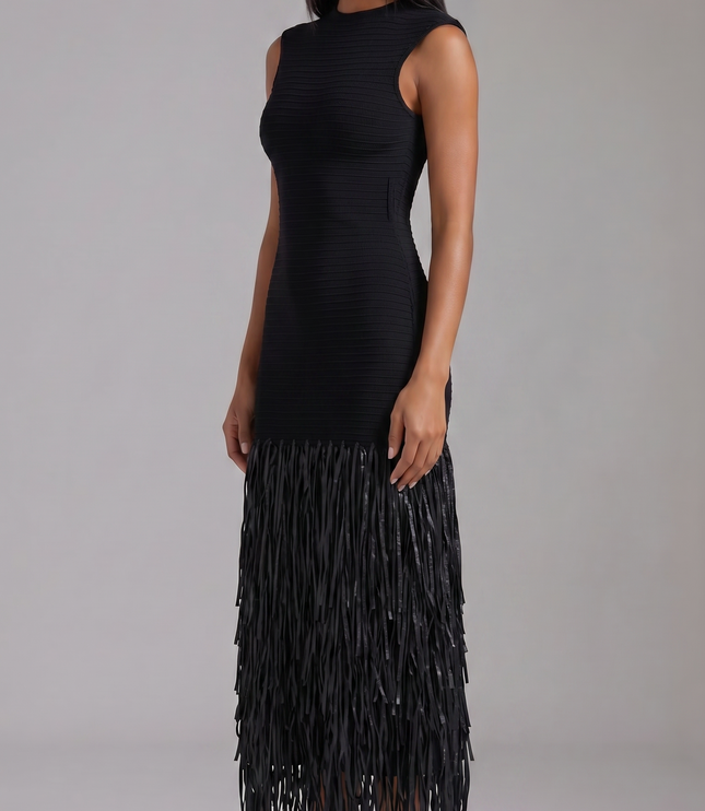 Side view of black sleeveless midi dress with fitted silhouette and fringe hem