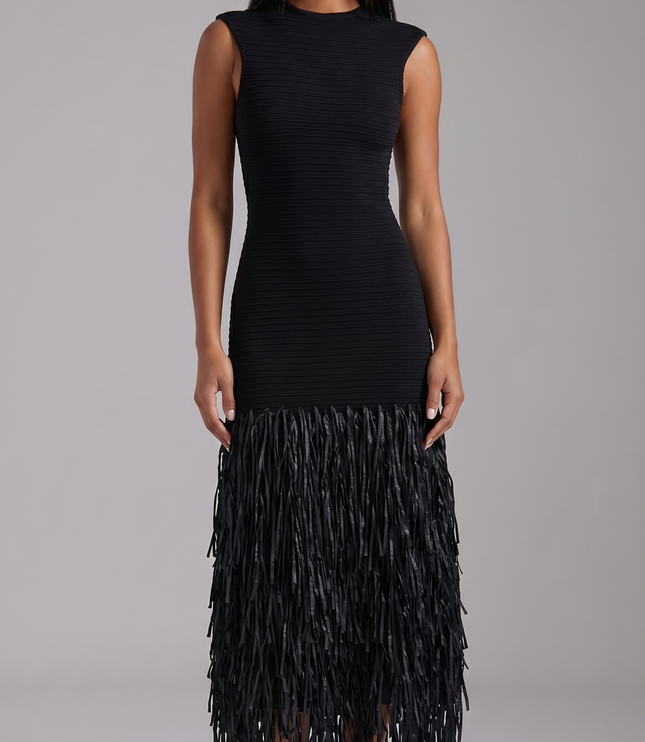 Black sleeveless midi dress with ribbed texture and long fringe hem
