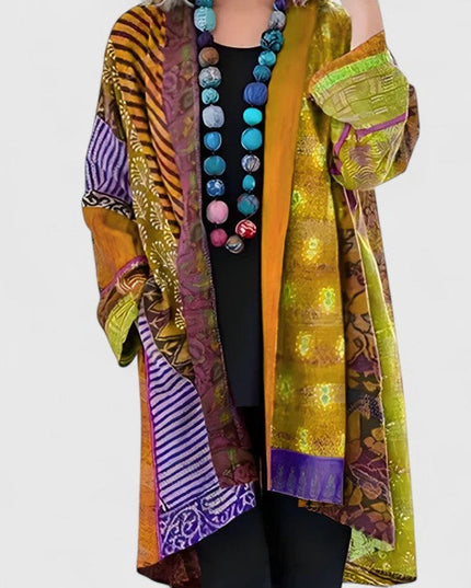 Women's Open-Front Patchwork Print Long Cardigan - Yellow