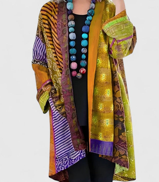Women's Open-Front Patchwork Print Long Cardigan - Yellow