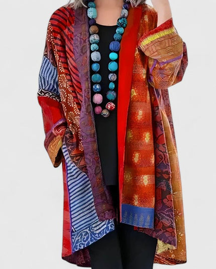 Women's Open-Front Patchwork Print Long Cardigan - Red