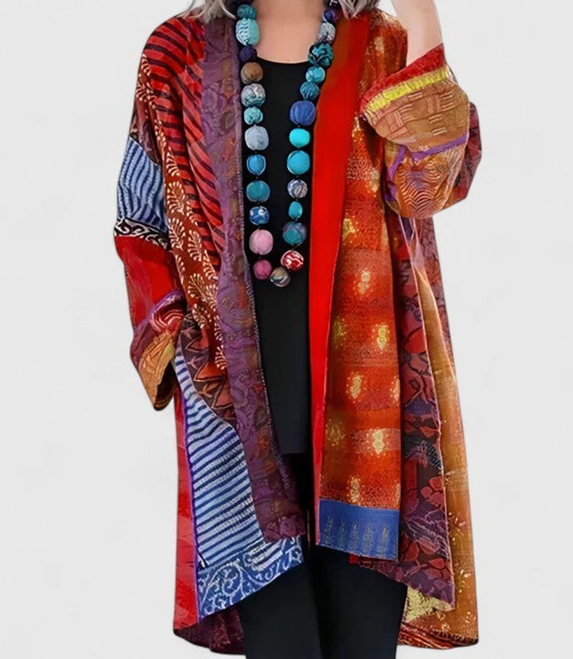 Women's Open-Front Patchwork Print Long Cardigan - Red
