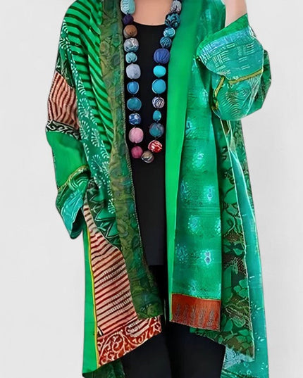 Women's Open-Front Patchwork Print Long Cardigan - Green
