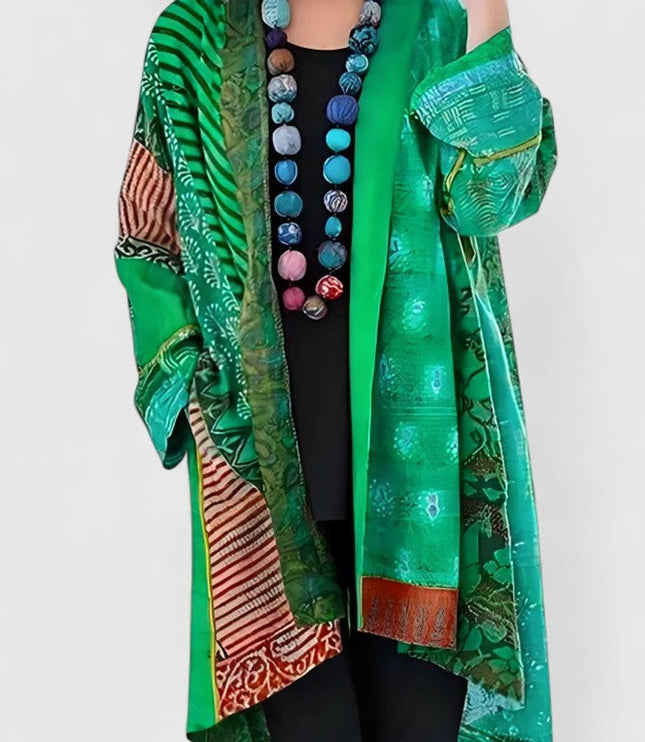 Women's Open-Front Patchwork Print Long Cardigan - Green