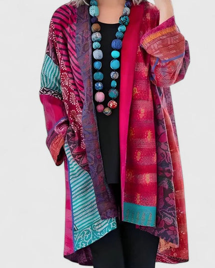 Women's Open-Front Patchwork Print Long Cardigan - Pink