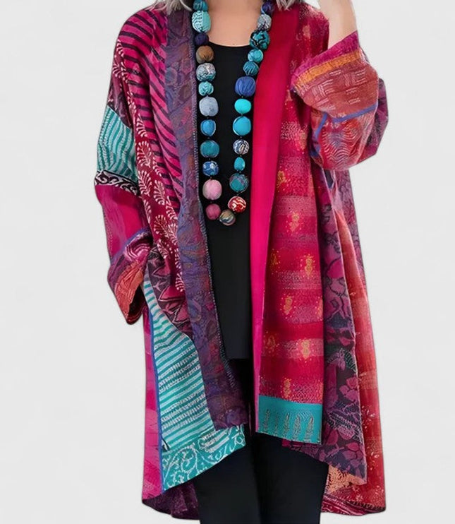 Women's Open-Front Patchwork Print Long Cardigan - Pink