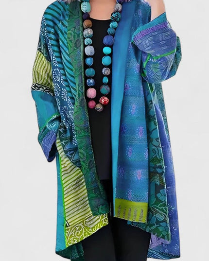 Women's Open-Front Patchwork Print Long Cardigan - Blue