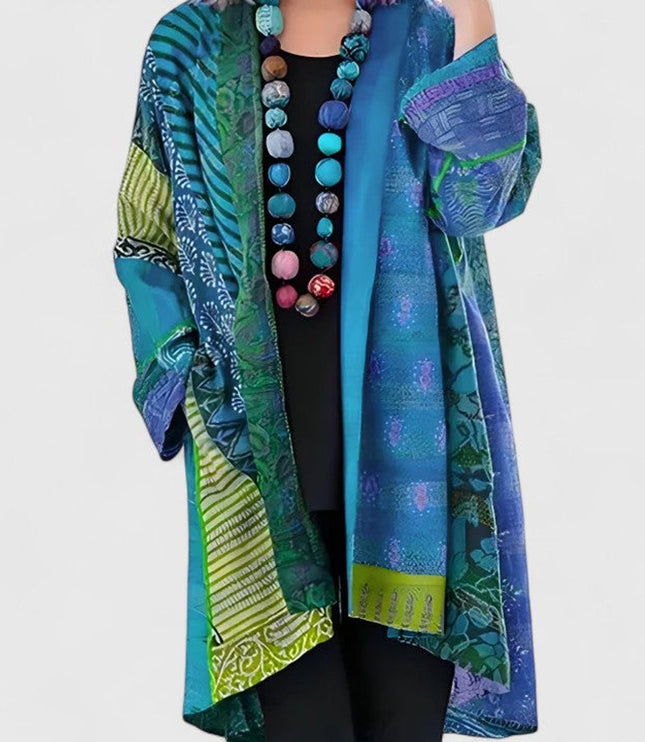 Women's Open-Front Patchwork Print Long Cardigan - Blue