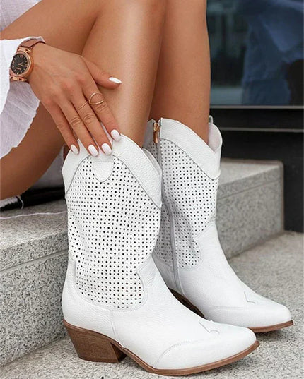 Women's Perforated Cowboy Boots with Block Heel and Side Zip