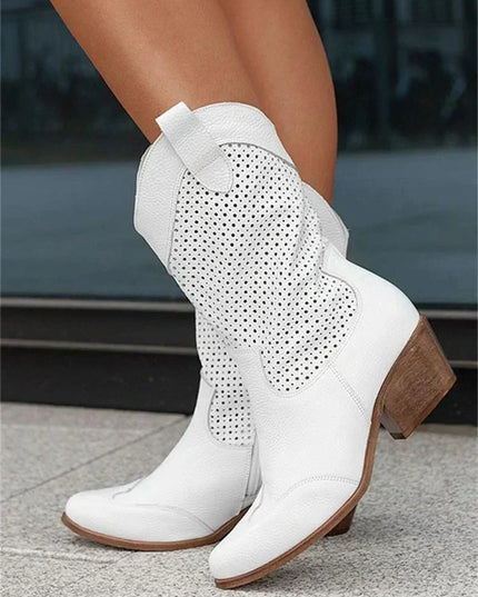 Women's Perforated Cowboy Boots with Block Heel and Side Zip