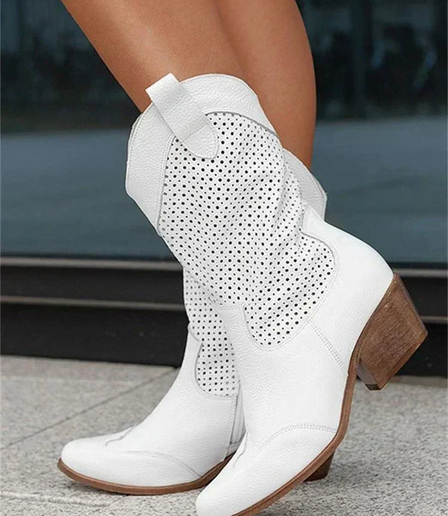 Women's Perforated Cowboy Boots with Block Heel and Side Zip