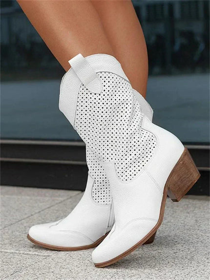 Women's Perforated Cowboy Boots with Block Heel and Side Zip