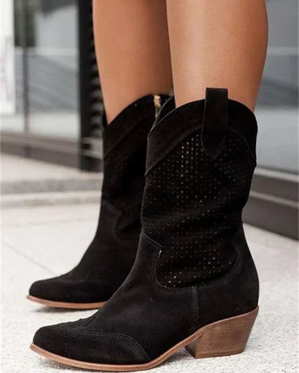 Women's Perforated Cowboy Boots with Block Heel and Side Zip