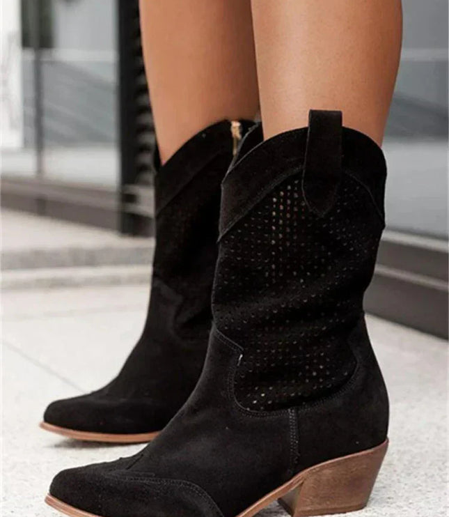 Women's Perforated Cowboy Boots with Block Heel and Side Zip