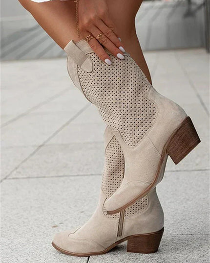 Women's Perforated Cowboy Boots with Block Heel and Side Zip
