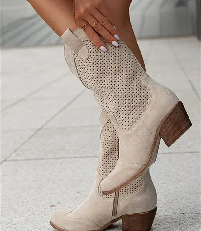 Women's Perforated Cowboy Boots with Block Heel and Side Zip