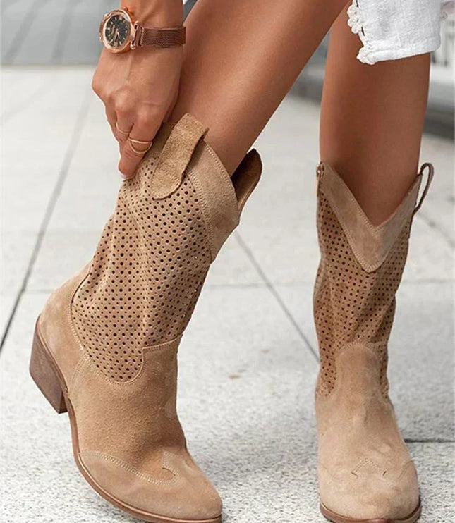 Women's Perforated Cowboy Boots with Block Heel and Side Zip