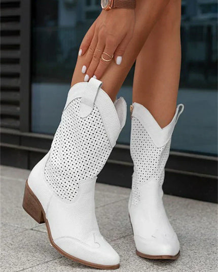 Women's Perforated Cowboy Boots with Block Heel and Side Zip