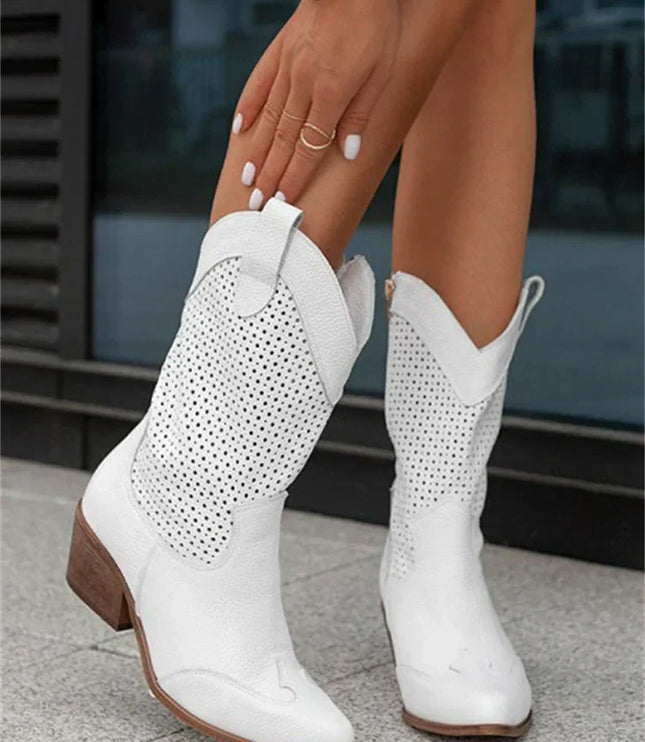 Women's Perforated Cowboy Boots with Block Heel and Side Zip