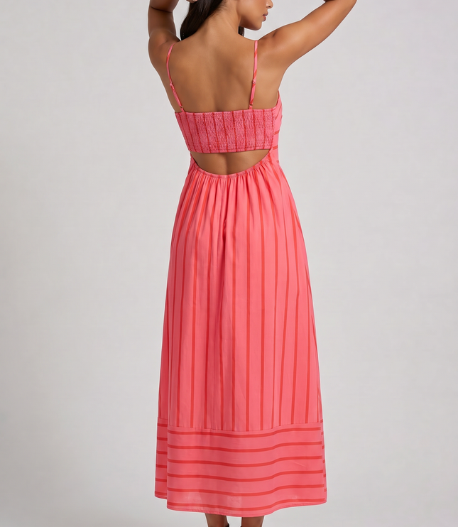 Vestido midi floral rosa de verano con escote en V para cóctel mujer