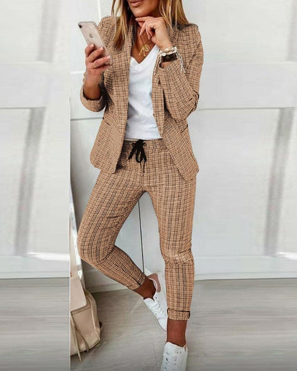 Tan plaid blazer pants set with white v-neck top and drawstring waist