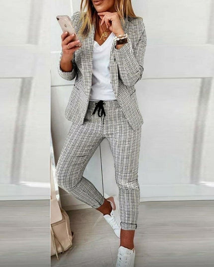 Gray checkered long sleeve blazer and cropped pants set front view