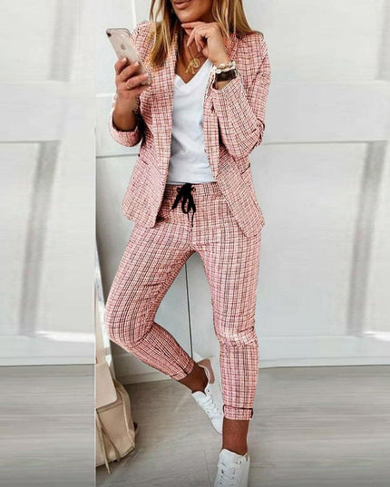 Red plaid long sleeve blazer with matching tapered pants ensemble