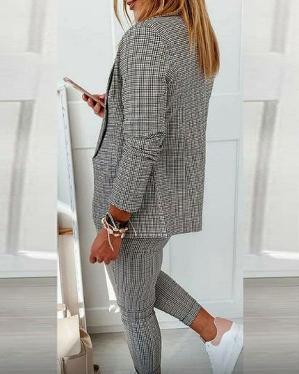Gray plaid blazer pants set back view showing distressed knee detail