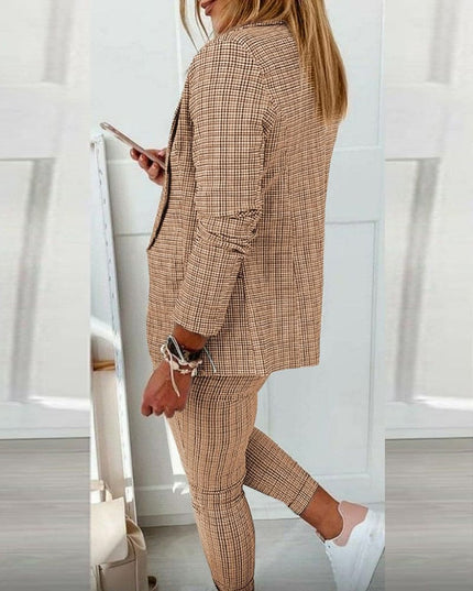 Tan checkered blazer with cropped pants side profile ripped knee detail