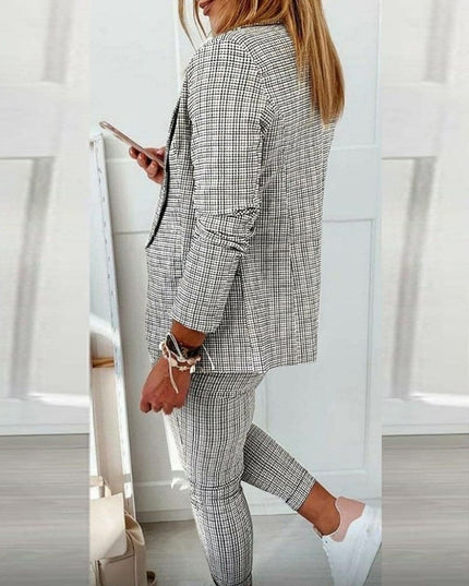 Gray plaid long sleeve blazer and pants set back view distressed knees