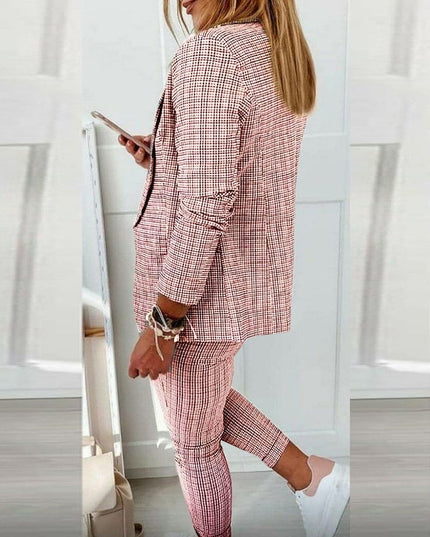Red checkered blazer pants set back view with torn knee design detail