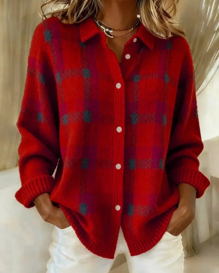 Women's Plaid Knit Button-Up Oversized Jacket Cardigan - Red